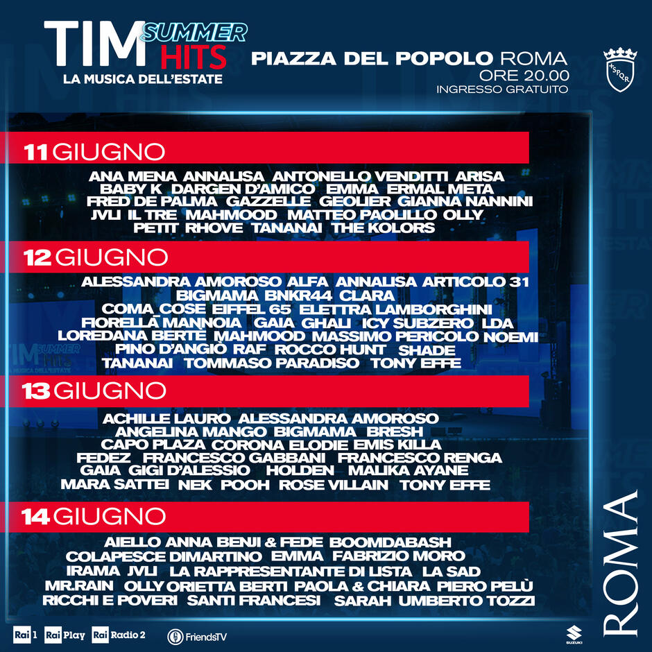 TIM Summer Hits 2024, gli artisti serata per serata
