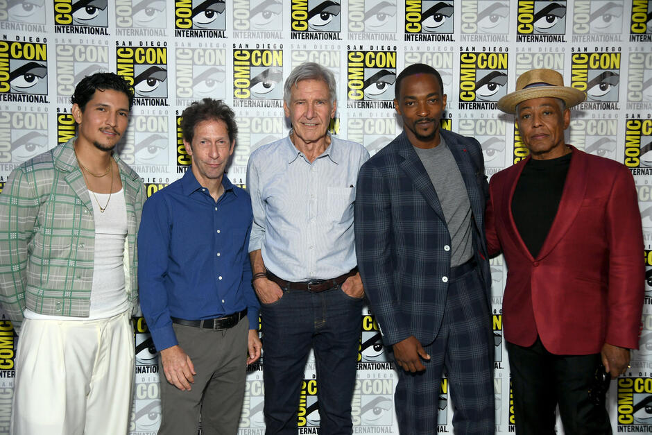 (S-D) Danny Ramirez, Tim Blake Nelson, Harrison Ford, Anthony Mackie e Giancarlo Esposito attendono il Marvel Studios Panel nella Hall H al SDCC in San Diego, California il 27 luglio 2024