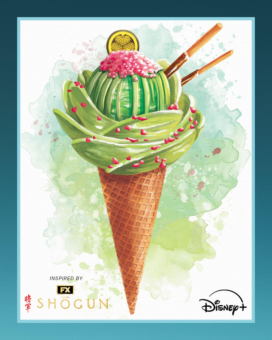 Il gelato ispirato a The Bear di FX: fiore di loto di gelato al pistacchio con lampone essiccato, bastoncini di cioccolato e biscotto con crest di Toranaga