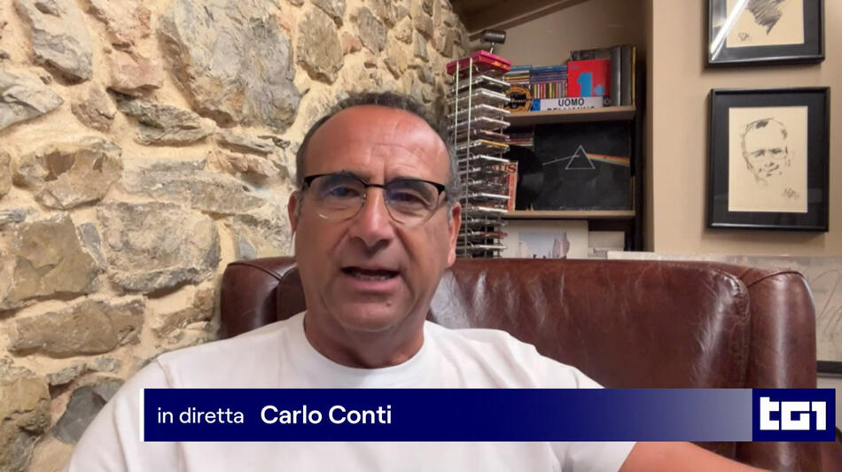 Carlo Conti al Tg1 delle 8 del 22 maggio 2024 per l'annuncio di essere conduttore e direttore artistico dei Festival di Sanremo 2025 e 2026