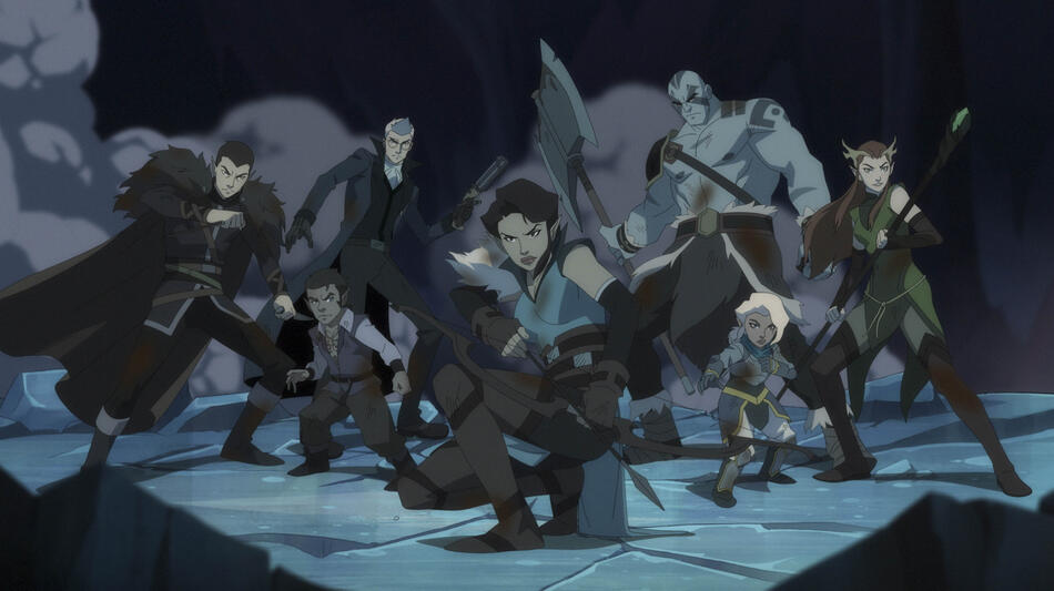 Liam O'Brien (Vax'ildan), Sam Riegel (Scanlan Shorthalt), Taliesin Jaffe (Percy de Rolo), Laura Bailey (Vex'ahlia), Travis Willingham (Grog Strongjaw), Ashley Johnson (Pike Trickfoot), Marisha Ray (Keyleth) in La leggenda di Vox Machina 1x02