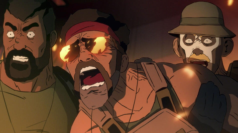 (S-D) Gabriel Luna come Sergeant Nielsen, Steve Blum come Private Macy e Seth Green come Private Folen in Love, Death & Robots 3x05