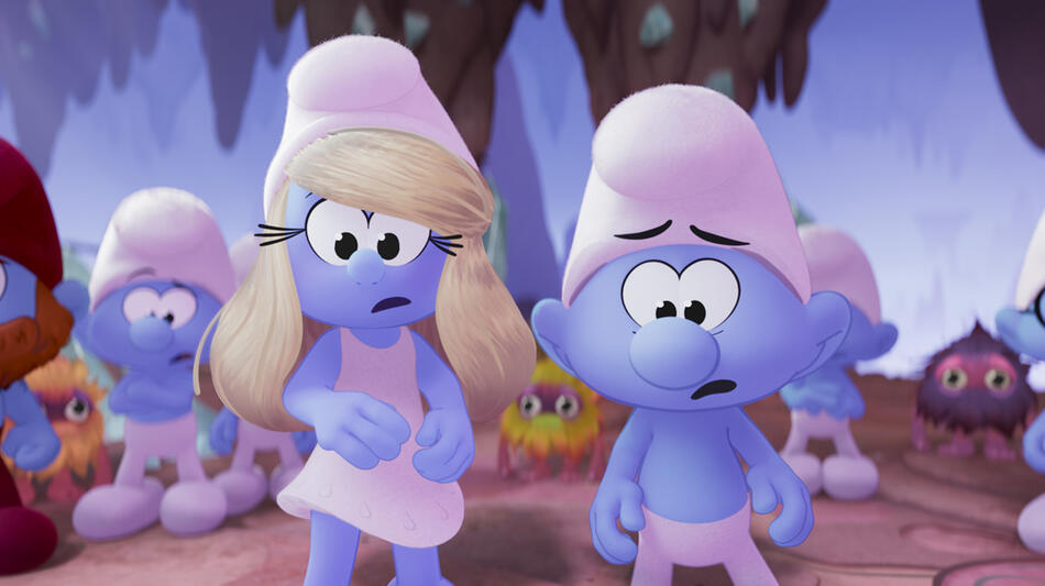 Ken (Nick Offerman), Smurfette (Rihanna), No Name (James Corden) and Brainy Smurf (Xolo Mariduena) in Smurfs from Paramount Animation