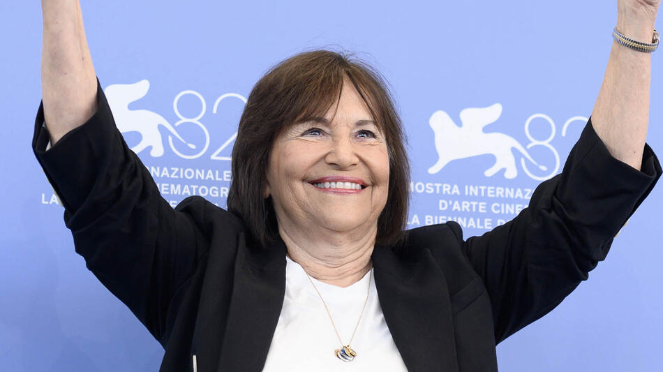 La produttrice Sue Cameron al photocall del film Kim Novak's Vertigo di Alexandre O. Philippe alla 82a Mostra del Cinema di Venezia, lunedì 1 settembre 2025