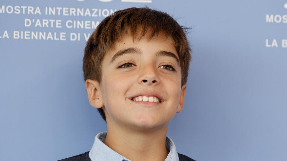 Andrea Migliucci al photocall del film L'isola di Andrea di Antonio Capuano alla 82a Mostra del Cinema di Venezia, venerdì 5 settembre 2025