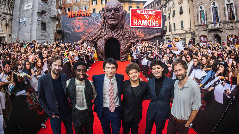 I protagonisti - Finn Wolfhard, Gaten Matarazzo, Caleb McLaughlin, Noah Schnapp - e i creatori di Stranger Things - Matt e Ross Duffer - ospiti di Lucca Comics & Games 2025, il 31 Ottobre 2025.