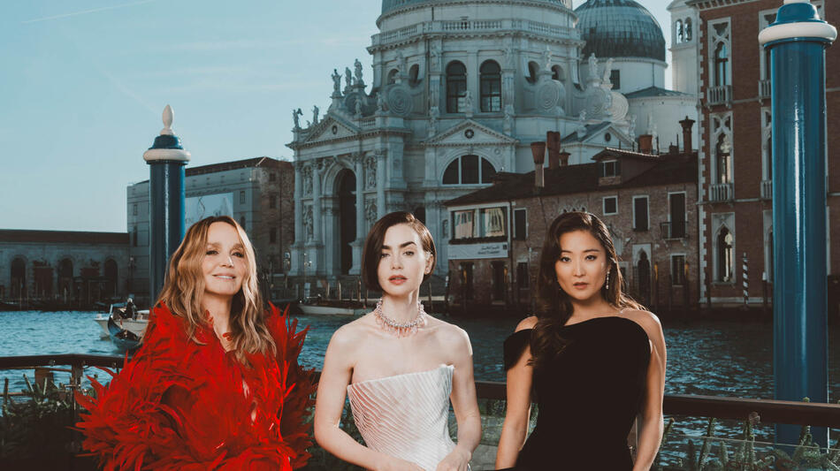Philippine Leroy-Beaulieu, Lily Collins ed Ashley Park a Venezia per la campagna promozionale di Emily in Paris S- Stagione 5, il 12 Dicembre 2025