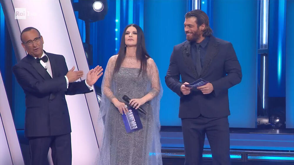 Carlo Conti, Laura Pausini e Can Yaman nella prima serata del Festival di Sanremo 76, martedì 24 febbraio 2026