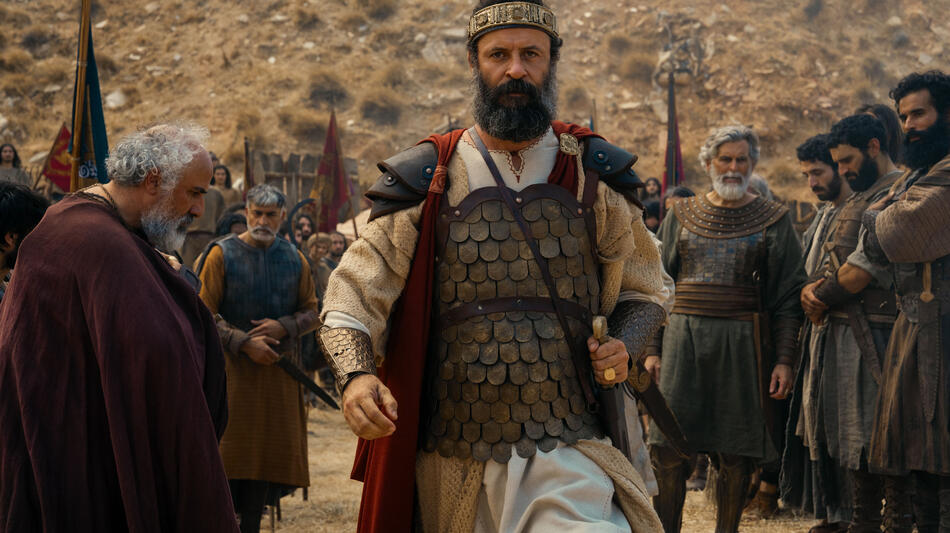 Adriel (Stewart Scudamore), King Saul (Ali Suliman), Abner (Oded Fehr), Eliab (Davood Ghadami) e Abinadab (Naby Dahkli) in La Casa di Davide 1x07