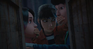 Raini Rodriguez (voce), Kausar Mohammed (voce) e Ryan Potter (voce) in Jurassic World: Chaos Theory 1x09