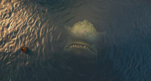 Pinocchio (voce di Gregory Mann), Spazzatura (voce di Cate Blanchett) e dogfish in Pinocchio di Guillermo del Toro