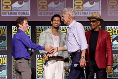 (S-D) Tim Blake Nelson, Danny Ramirez, Harrison Ford e Giancarlo Esposito sul palco durante il Marvel Studios Panel nella Hall H al SDCC in San Diego, California il 27 luglio 2024