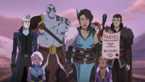 Taliesin Jaffe (Percy de Rolo), Ashley Johnson (Pike Trickfoot), Travis Willingham (Grog Strongjaw), Laura Bailey (Vex'ahlia), Marisha Ray (Keyleth), Sam Riegel (Scanlan Shorthalt), Liam O'Brien (Vax'ildan) in La leggenda di Vox Machina 1x01