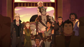 Taliesin Jaffe (Percy de Rolo), Marisha Ray (Keyleth), Sam Riegel (Scanlan Shorthalt), Ashley Johnson (Pike Trickfoot), Travis Willingham (Grog Strongjaw), Laura Bailey (Vex'ahlia), Liam O'Brien (Vax'ildan), Sunil Malhotra (Gilmore) in La leggenda di Vox Machina 2x01