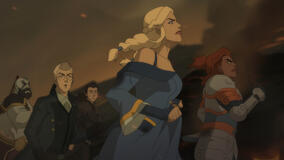 Travis Willingham (Grog Strongjaw), Taliesin Jaffe (Percy de Rolo), Liam O'Brien (Vax'ildan), Indira Varma (Lady Allura Vysoren), Stephanie Beatriz (Lady Kima of Vord) in La leggenda di Vox Machina 2x05
