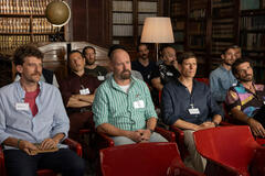 (S-D) Maurizio Lastrico come Mattia, Pietro Sermonti come Luigi, Matteo Martari come Massimo, Francesco Montanari come Riccardo in Maschi Veri 1x07