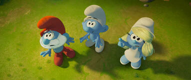 Papa Smurf (John Goodman), No Name (James Corden) and Smurfette (Rihanna) in Smurfs from Paramount Animation