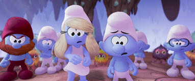 Ken (Nick Offerman), Smurfette (Rihanna), No Name (James Corden) and Brainy Smurf (Xolo Mariduena) in Smurfs from Paramount Animation