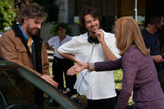 Il regista Paolo Strippoli, l'attore Michele Riondino e Sandra Toffolatti sul set del film La valle dei sorrisi (The Holy Boy)