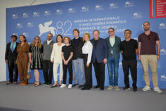 Delegazione di Orphan (tra cui László Nemes, Andrea Waskovics, Grégory Gadebois e Bojtorján Barábas) al photocall del film alla 82a Mostra del Cinema di Venezia, giovedì 28 agosto 2025
