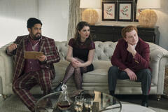 (S-D) Joshua Banday (Ivan), Owen Daniels (AI Guy, Boris), Mackenzie Cardwell (Tinsley) in Upload 2x06