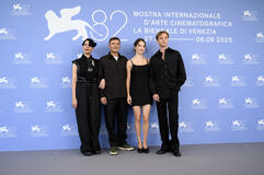 Delegazione film L'Étranger di François Ozon (tra cui Benjamin Voisin, Rebecca Marder, François Ozon) alla 82a Mostra del Cinema di Venezia, martedì 2 settembre 2025