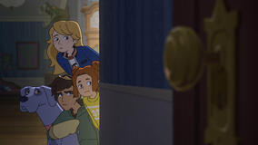 Elvis, Puck (voce di Billy Harris), Sabrina Grimm (voce di Ariel Winter) e Daphne Grimm (voce di Leah Newman) in Le Sorelle Grimm 1x02