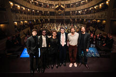 I protagonisti - Finn Wolfhard, Gaten Matarazzo, Caleb McLaughlin, Noah Schnapp - e i creatori di Stranger Things - Matt e Ross Duffer - ospiti di Lucca Comics & Games 2025, il 31 Ottobre 2025.