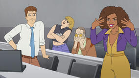 (S-D) Adam Scott come Lincoln Gumb, ESQ., Shannon Gisela come Irene Gumb, Stephen Root come Glem Blorchman e Janelle James come Sheila Flambe in Strip Law 1x10