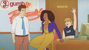 (S-D) Adam Scott come Lincoln Gumb, ESQ., Janelle James come Sheila Flambe e Shannon Gisela come Irene Gumb in Strip Law 1x07