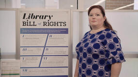 Julie Miller with ALA Library Bill of Rights, featured in Libri Proibiti - The Librarians