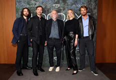Il cast e gli showrunner di 'Bloodaxe', Levi Miller, Horatio Hirst, Michael Hirst, Jessica Madsen e Xavier Molyneux, alla proiezione speciale di 'Bloodaxe' presso i San Vicente Bungalows, il 9 ottobre 2026