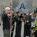 (S-D) Il regista James Cameron e Zoe Saldana sul set di Avatar: Fuoco e Cenere