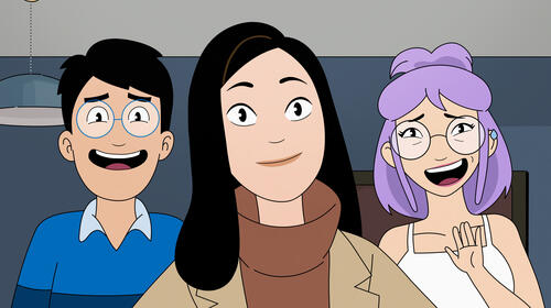 (S-D) Andrew Law come Andrew Dang, Stephanie Hsu come Ruthie Dang e Poppy Liu come Eunice Dang in Dang! 1x08