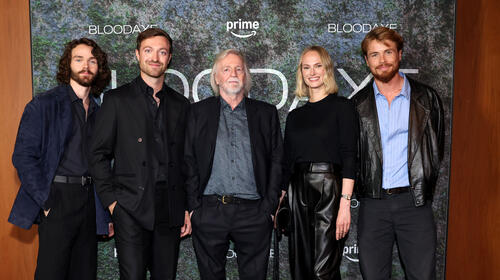 Il cast e gli showrunner di 'Bloodaxe', Levi Miller, Horatio Hirst, Michael Hirst, Jessica Madsen e Xavier Molyneux, alla proiezione speciale di 'Bloodaxe' presso i San Vicente Bungalows, il 9 ottobre 2026